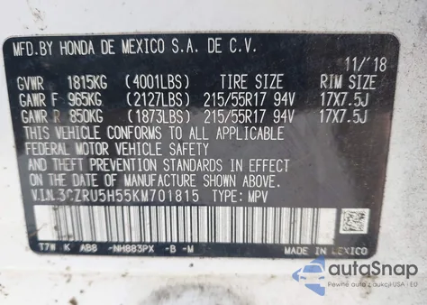 2019 Honda Hr-V Ex z USA, uszkodzony, nr VIN 3CZRU5H55KM701815